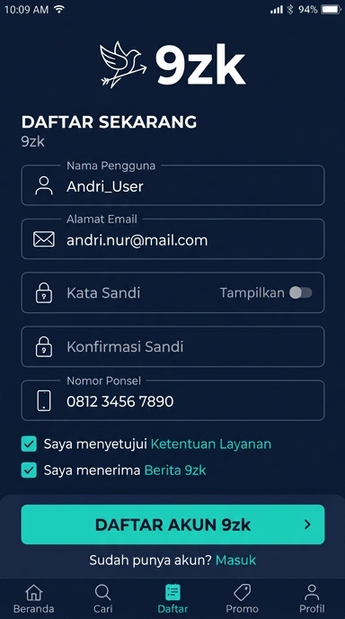 Tampilan halaman daftar 9zk